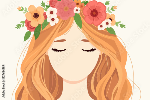 Face of a woman with a flower wreath in her blonde hair for a midsummer celebration in Sweden isolated on a light background. Boho beauty and a curly hairstyle with a floral garland inspired by nature