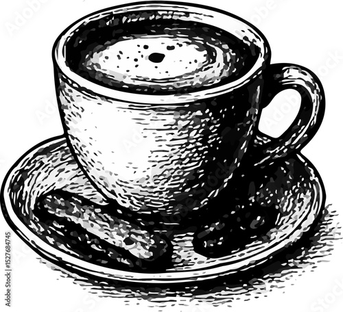 Rustic ceramic mug with visible texture, hand-drawn in a detailed black and white sketch style. Perfect for vintage designs