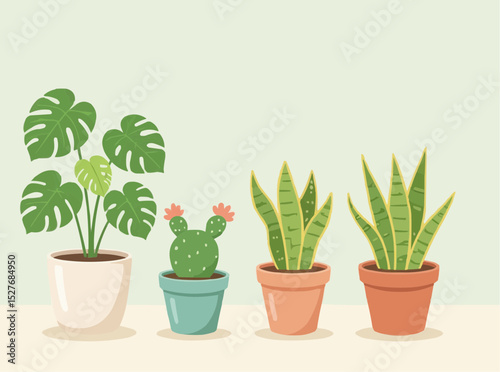 Potted Houseplants Illustration: Monstera, Cactus, Snake Plants