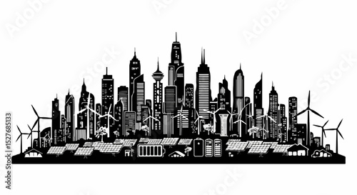 Sustainable Cityscape A Black and White Illustration of a Modern Metropolis Powered by Renewable Energy Sources and Eco Friendly Infrastructure for a Greener