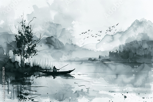 Watercolor Painting of a Boat on Water Surface, Lake or Sea. Elegant and Artistic Composition with Organic Textures. Generative AI