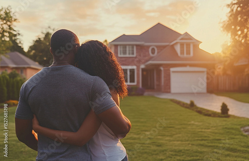 Happy couple at sunset outside their new home, gazing with hopeful smiles. A charming house in a peaceful neighborhood sets the stage for a warm, romantic moment of joyful homeownership.