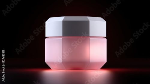 Close up of pink cosmetic jar with white lid, glowing softly against dark background, creating luxurious and elegant appearance, perfect for beauty product advertising