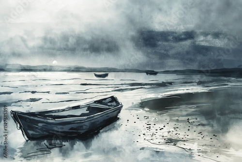 Watercolor Painting of a Boat on Water Surface, Lake or Sea. Elegant and Artistic Composition with Organic Textures. Generative AI