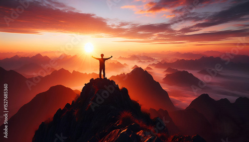 A person standing triumphantly on a mountain peak at sunrise, symbolizing personal accomplishment.