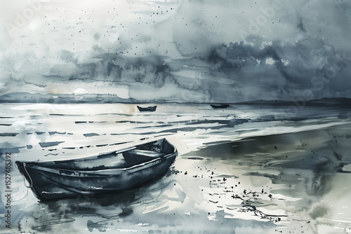 Watercolor Painting of a Boat on Water Surface, Lake or Sea. Elegant and Artistic Composition with Organic Textures. Generative AI