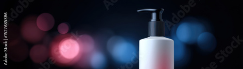 White pump bottle with black nozzle stands against dark background with colorful bokeh lights, creating modern and sleek appearance suitable for skincare or cosmetic products