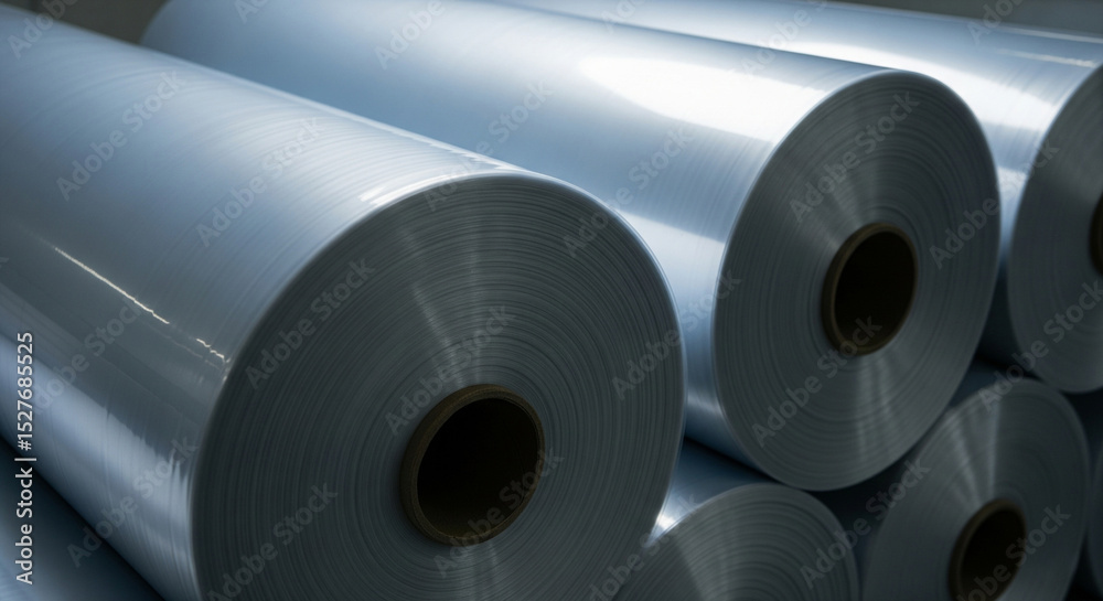 Fototapeta premium Close-up of polyethylene rolls in a warehouse