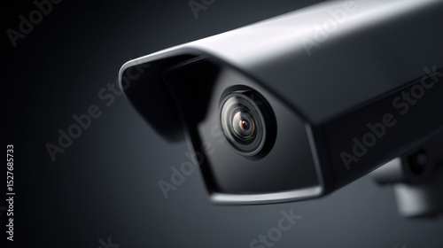 Close up of modern security camera with sleek black design, featuring wide angle lens and protective casing, set against dark background, emphasizing security and surveillance technology