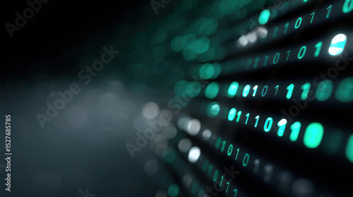 Close up of digital binary code screen with glowing green and white numbers representing data transfer or computer technology futuristic digital background abstract technology concept high tech