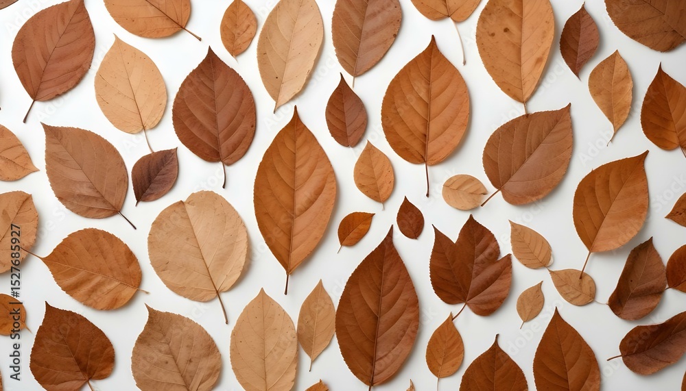 Fototapeta premium Dry autumn leaves scattered on a white backdrop, perfect for seasonal designs.