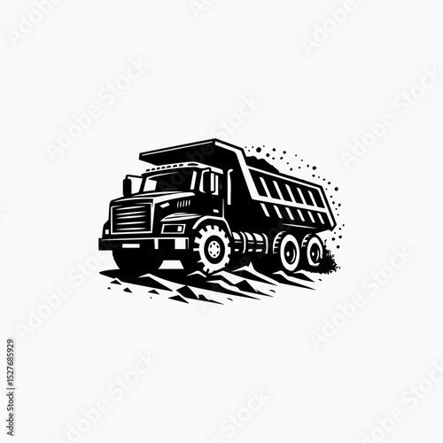 Industrial strength dump truck silhouette logo transporting earth in bold black and white vector illustration