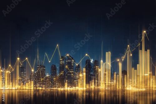 Abstract gold finance graphs over city skyline for investment visuals
