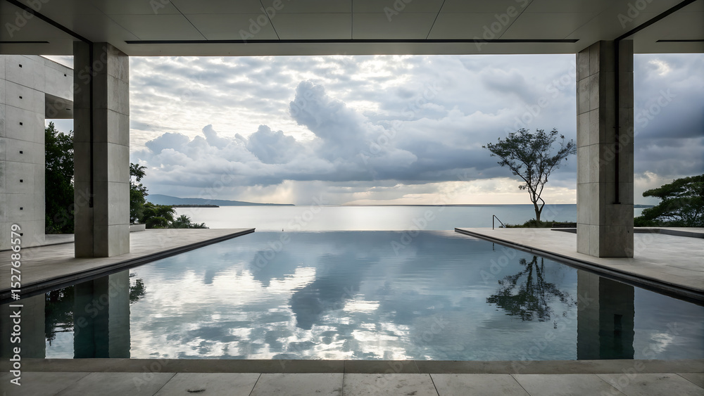Fototapeta premium Modern architectural design featuring a sleek infinity pool reflecting clouds and trees. The scene captures tranquility and contemporary aesthetics.