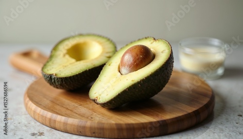 Halved avocado with seed on a cutting board and a small bowl of cream