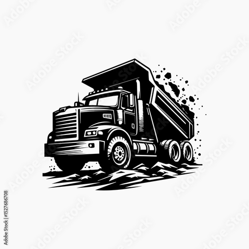 Heavy-duty dump truck transporting soil, rendered as a bold black and white silhouette vector logo in a dynamic, illustrative style. Construction concept