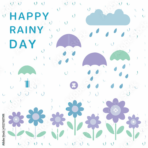 Happy Rainy Day Pattern – Colorful Umbrellas, Raindrops & Weather Icons Design
