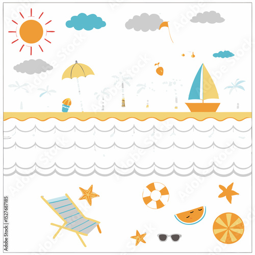 A vibrant summer seamless pattern featuring beach icons, tropical elements, and a serene ocean landscape with palm trees, boats, and beach umbrellas under a sunny sky