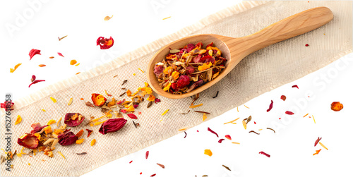 Colorful Herbal Tea Blend in Wooden Scoop isolated On Transparent Background