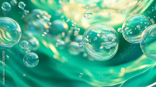 Wallpaper Mural Transparent spherical bubbles rising on a green and yellow flowing abstract background Torontodigital.ca