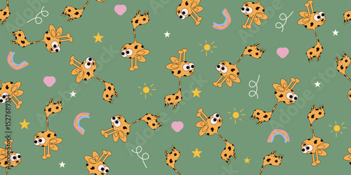 Kids room wallpaper print design. Vector seamless trellis with adorable giraffe. Seamless pattern with cute african animal. Ideal for child prints, nursery wall decor, fabric, textile print. EPS 10