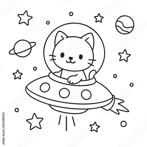 A cute cat is soaring through the vastness of outer space inside a UFO, exploring the universe and its wonders