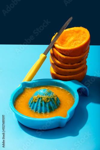 Orange juice preparation on a vivid blue background