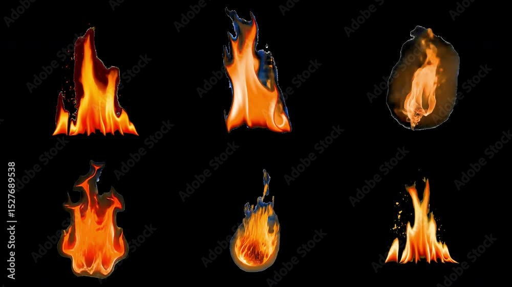 Diverse fiery flame illustrations animation isolated asset, transparent 4K video, alpha channel, ProRes 4444 set