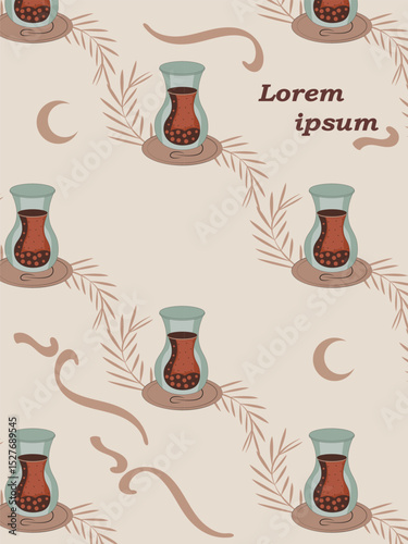 Minimal Seamless Pattern of Halal Food Icons with Crescent and Arabic Touch For Magazine Cover, Social Media, Merchandising.