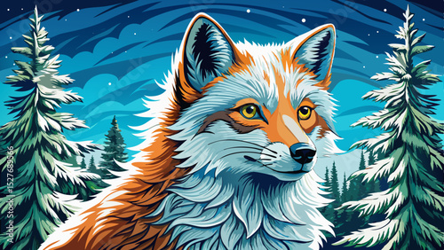 Vector illustration of a fox peacefully sitting under a snowy pine tree ideal for winter scenes, seasonal postcards, and woodland wildlife designs