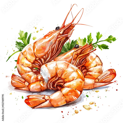 watercolor of Garlic Shrimp, vector high quality, isolated on a white background.