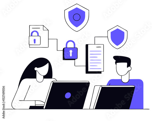 Data administrator. Cyber or web security specialist. Digital data protection and safety. Modern technology and virtual crime. Protection information in internet. Modern flat illustration