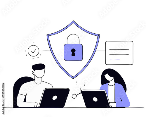 Data administrator. Cyber or web security specialist. Digital data protection and safety. Modern technology and virtual crime. Protection information in internet. Modern flat illustration