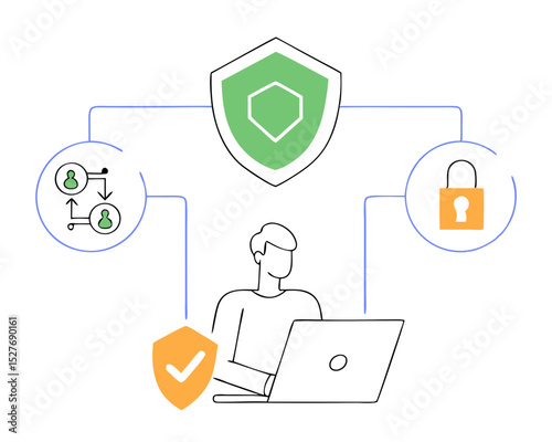 Data administrator. Cyber or web security specialist. Digital data protection and safety. Modern technology and virtual crime. Protection information in internet. Modern flat illustration