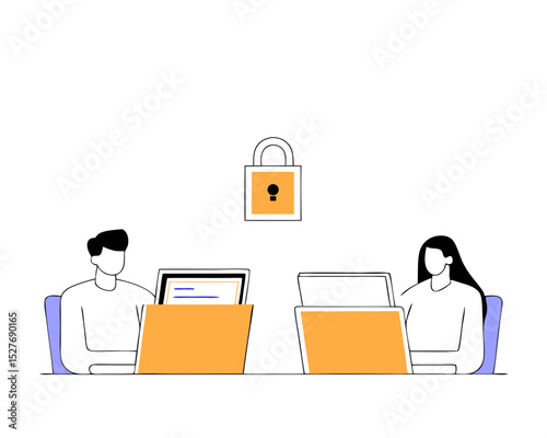 Data administrator. Cyber or web security specialist. Digital data protection and safety. Modern technology and virtual crime. Protection information in internet. Modern flat illustration
