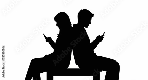 Silhouette of a Couple Sitting Back to Back on a Bench Each Focused on Their Own Cell Phone Isolated on White