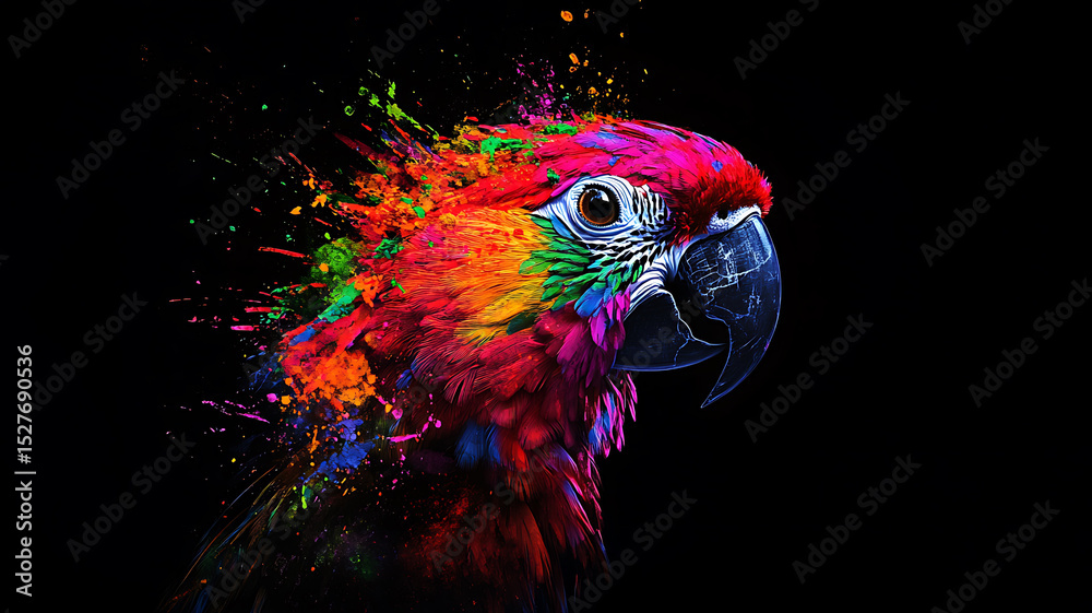 Fototapeta premium Vibrant abstract illustration of a colorful parrot bursting with rainbow splash elements