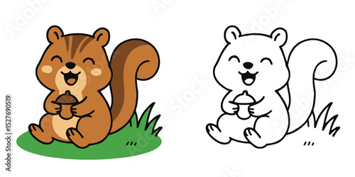 Coloring Book For Kids Giggly chipmunk holding nuts on green grass Outline Vector Illustration