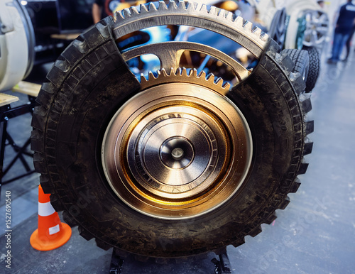 Unique art installation featuring a large tire cut away to reveal oversized metal gears, like a massive industrial clockwork mechanism