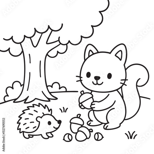 An illustration in black and white depicting a charming cat, a playful squirrel, a spiky hedgehog, and a leafy tree, all drawn together