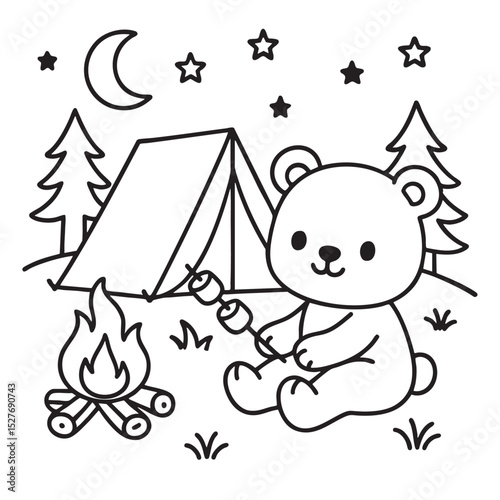 This is a charming black and white drawing of an adorable teddy bear happily roasting marshmallows over a small fire in front of a cozy tent