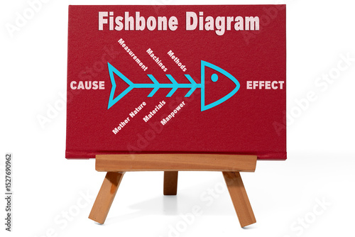 A standing red canvas displaying a fishbone diagram. The scene illustrates a root cause analysis exercise, commonly used for defect and failure analysis