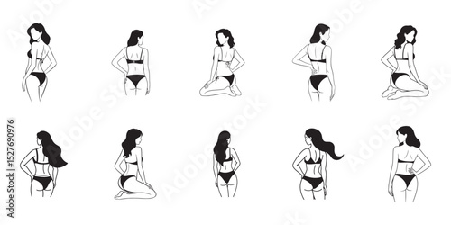 Stunning bikini back angles featuring female silhouettes in seated and standing fashion styles. girls set.