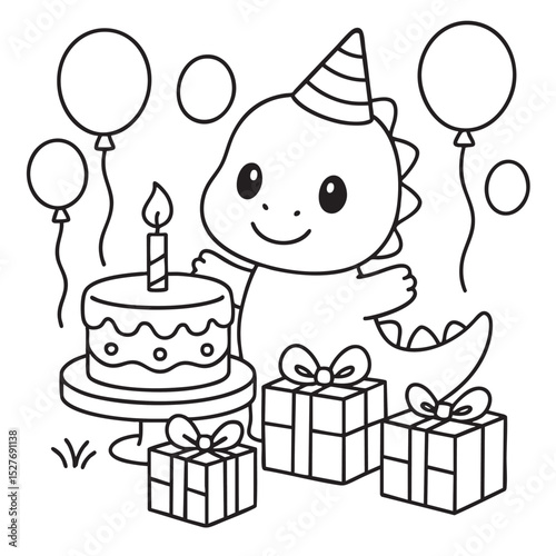 A beautifully crafted black and white drawing illustrating a dinosaur joyfully holding a birthday cake for a festive celebration