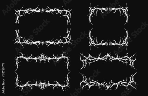 Set of Neo tribal frames, cyber gothic style black white symmetrical shape, dark abstract borders. Cyber sigilism vintage vector design elements isolated