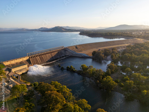 Aerial view of Hume dam in Australia during sunset