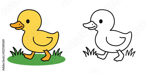 Coloring Book For Kids Tiny duckling waddling on the grass Outline Vector Illustration