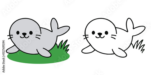 Coloring Book For Kids Round seal pup flopping on a patch of grass Outline Vector Illustration