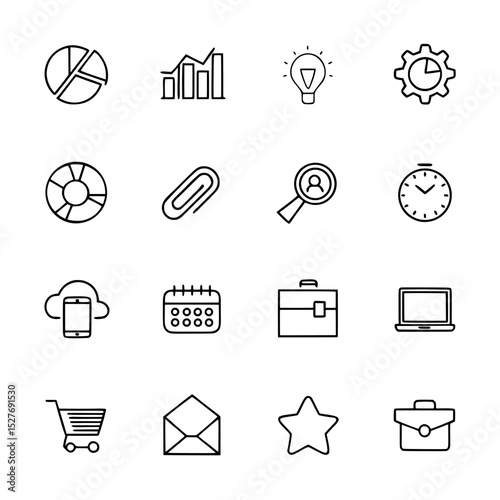 Collection of business and office icons in line art style format on white background , no background