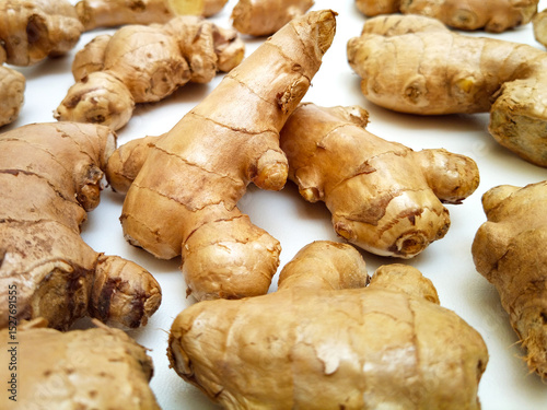 Fototapeta Naklejka Na Ścianę i Meble -  Fresh ginger roots or ginger rhizome on white background, closeup